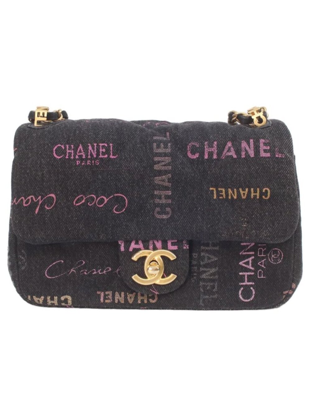 Chanel Black Print Denim Gold Mini Quilted 21 Chain Shoulder Bag